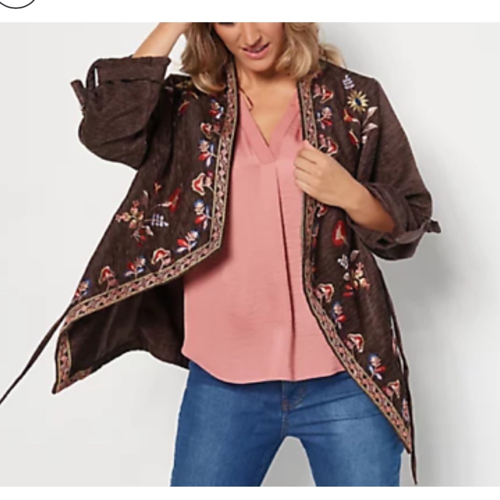 Tolani Collection - Embroidered Jacket with Roll-Tab Sleeve with Floral Accents
